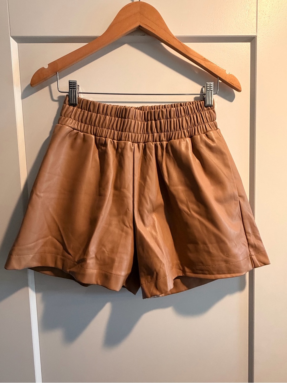 Aaron & Amber High-Waist Faux Leather Shorts in Camel Brown